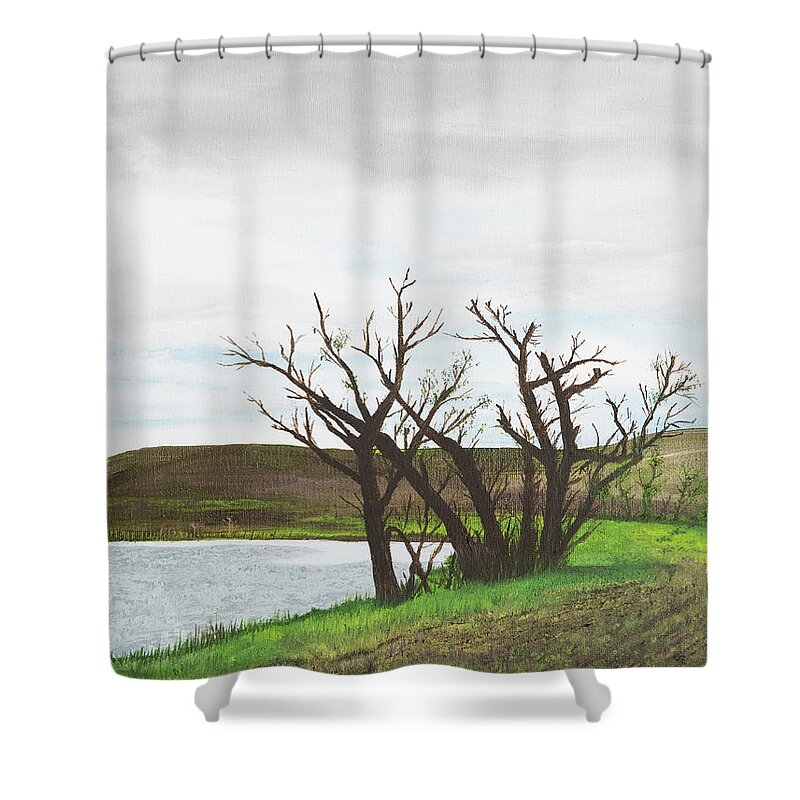 Trees Shower Curtain featuring the painting Watering Hole by Gabrielle Munoz