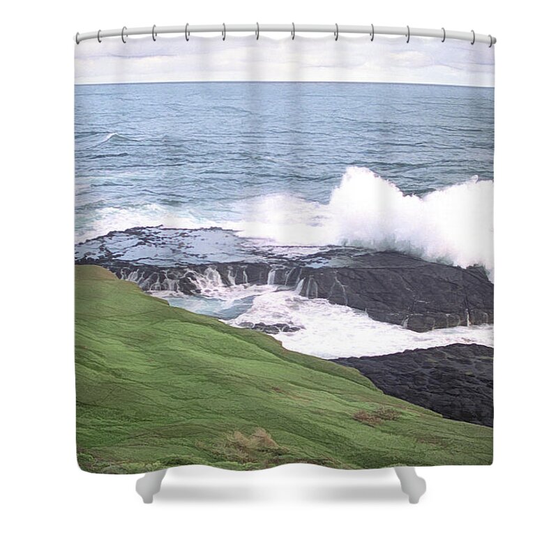 Landscape Shower Curtain featuring the digital art Wave Crashing on Rocky Shore by Dennis Lundell