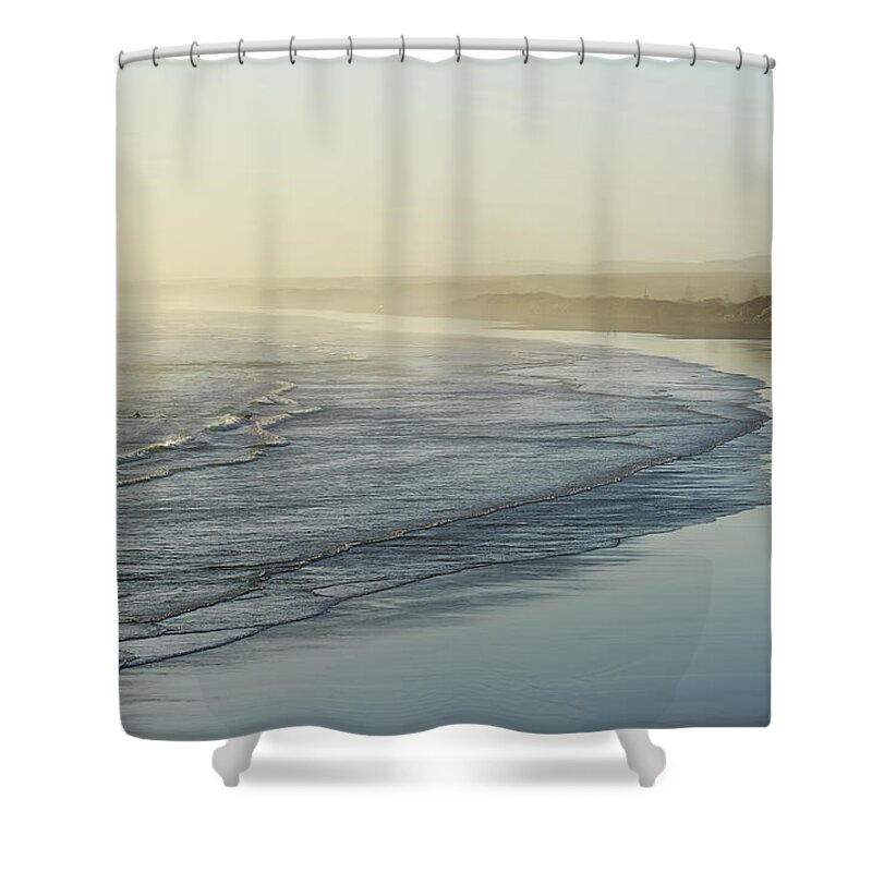 Water's Edge Shower Curtain featuring the photograph Waves At Muriwai Beach by Aaron Lancaster