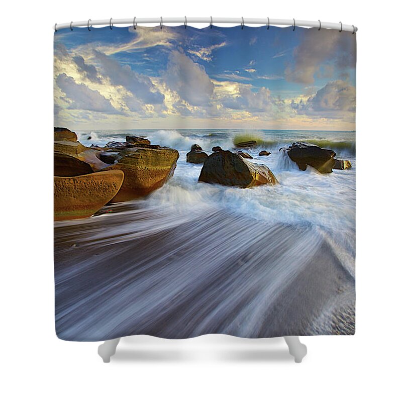 Tranquility Shower Curtain featuring the photograph Waves Crashing On Rocks by Sunrise@dawn Photography