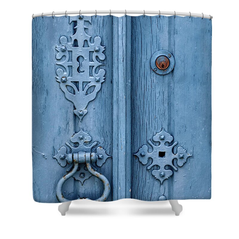 Templar Shower Curtain featuring the photograph Weathered Blue Door Lock by David Letts