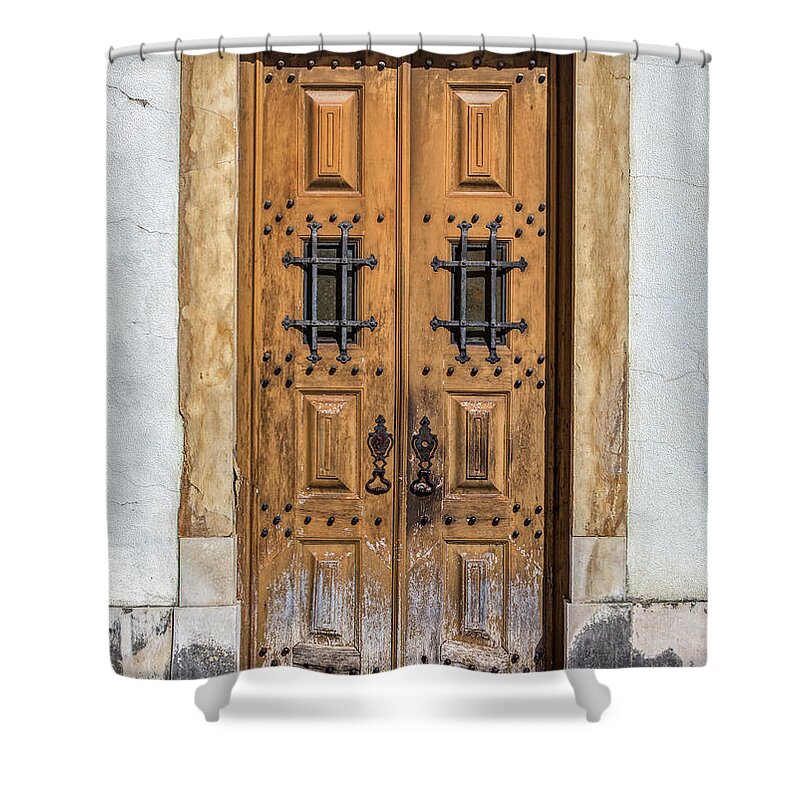 Door Shower Curtain featuring the photograph Weathered Brown Door of Portugal by David Letts