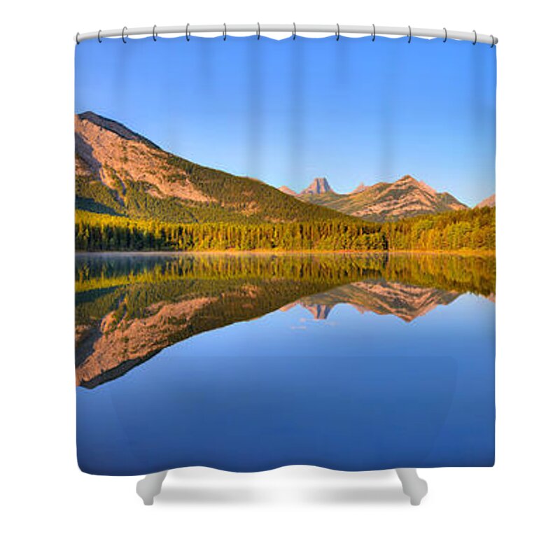 Wedge Pond Shower Curtain featuring the photograph Wedge Pond Morning Panorama by Adam Jewell