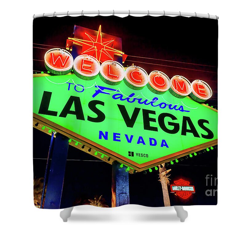 Green Welcome To Las Vegas Sign Shower Curtain featuring the photograph Welcome to Las Vegas Sign Green St Patricks Day by Aloha Art
