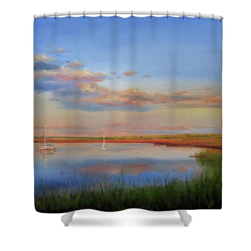 Cape Cod Shower Curtain featuring the painting West Bay Landing, Osterville by Jonathan Gladding