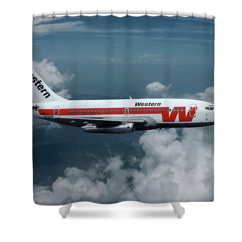 Western Airlines Shower Curtain featuring the mixed media Western Airlines Boeing 737-247 by Erik Simonsen
