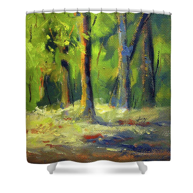 Western Forest Shower Curtain featuring the painting Western Forest Scene by Nancy Merkle