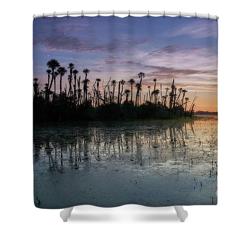 A Vibrant Sunrise In The Beautiful Natural Surroundings Of Orlando Wetlands Park In Central Florida. The Park Is A Large Marsh Area Which Is Home To Numerous Birds Shower Curtain featuring the photograph Wetland Beauty by Brian Kamprath