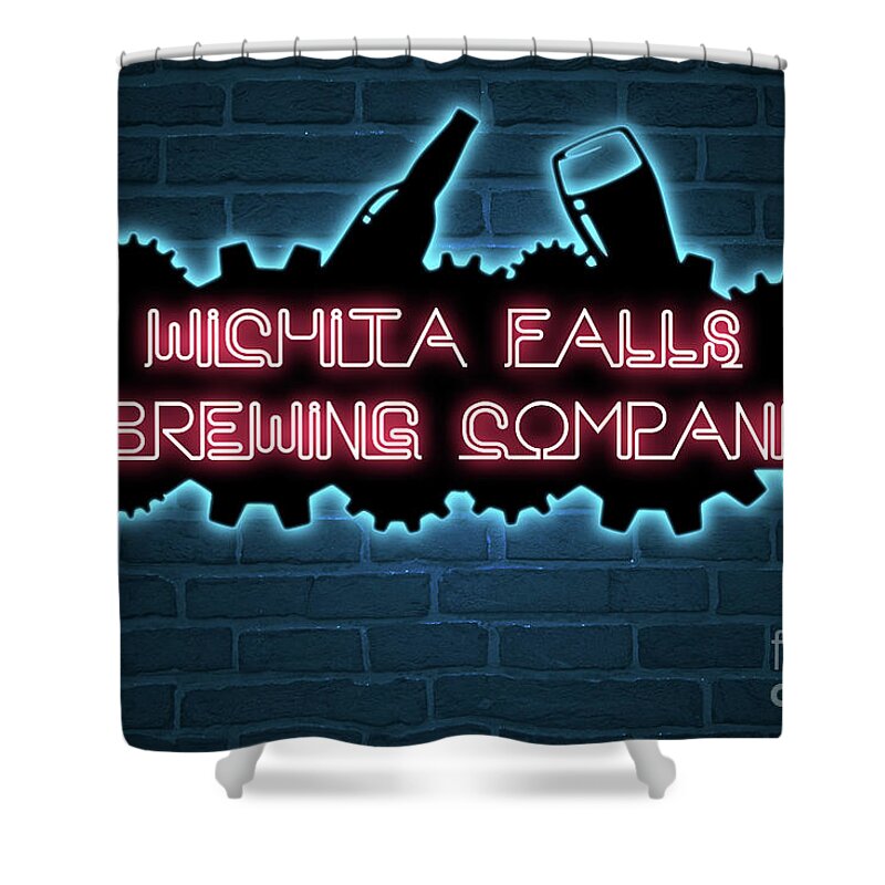 Wichita Falls Brewing Company Shower Curtain featuring the mixed media WFBC blue neon by SORROW Gallery