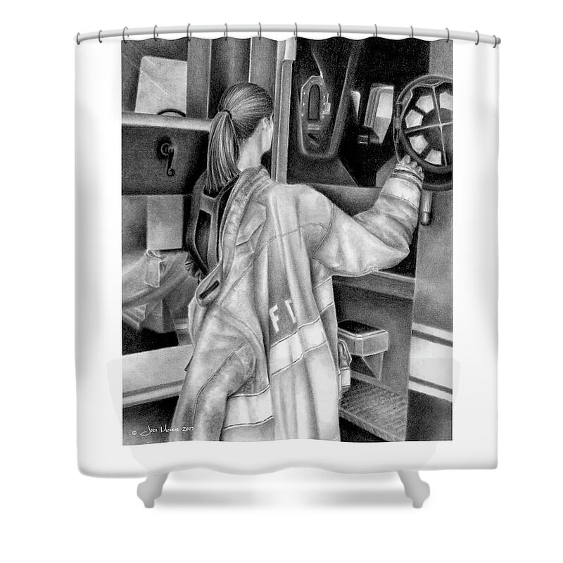 Firefighter Shower Curtain featuring the drawing When the Tones Drop by Jodi Monroe