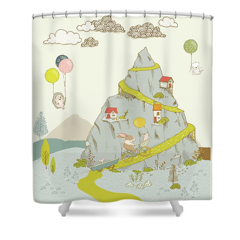 Whimsical Shower Curtain featuring the painting Whimsical mountain and animal art for kids by Matthias Hauser