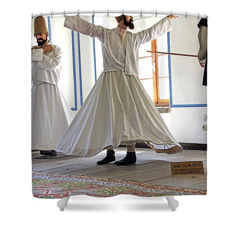 Konya Shower Curtain featuring the photograph Whirling dervish at Mevlana shrine by Steve Estvanik