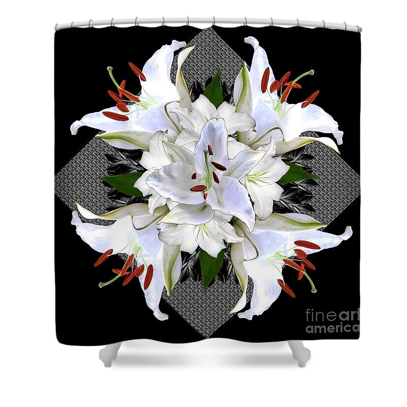 White Shower Curtain featuring the digital art White Lily Collage for Pillows by Delynn Addams
