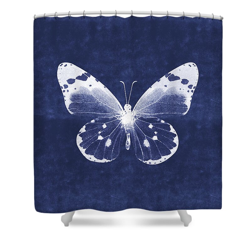 Butterfly White Blue Indigo Skeleton Butterfly Wings Modern Bohemianinsect Bug Garden Home Decorairbnb Decorliving Room Artbedroom Artcorporate Artset Designgallery Wallart By Linda Woodsart For Interior Designersgreeting Cardpillowtotehospitality Arthotel Artart Licensing Shower Curtain featuring the mixed media White and Indigo Butterfly 1- Art by Linda Woods by Linda Woods