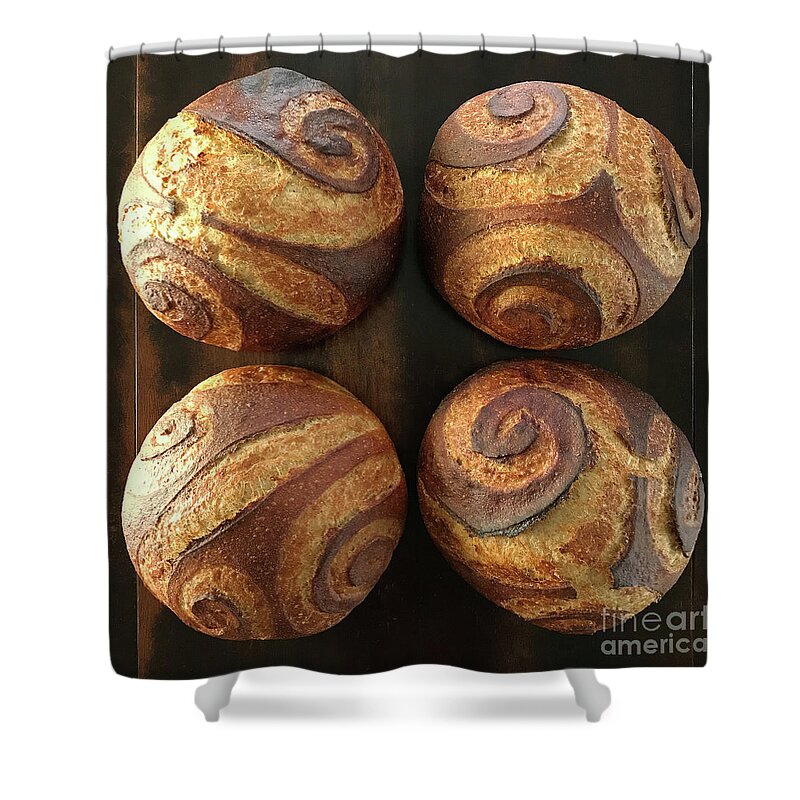 Bread Shower Curtain featuring the photograph White And Rye Sourdough Spiral Set 3 by Amy E Fraser