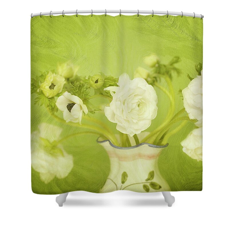 California Shower Curtain featuring the digital art White Anemonies And Ranunculus by Susangaryphotography
