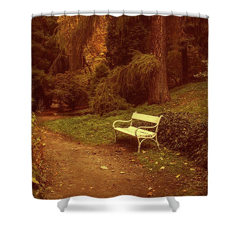 Jenny Rainbow Fine Art Photography Shower Curtain featuring the photograph White Bench in Secret Garden 1 by Jenny Rainbow