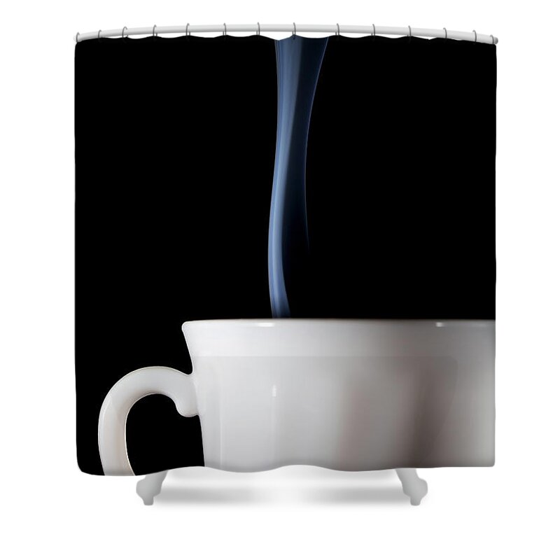 Black Color Shower Curtain featuring the photograph White Coffee Mug With Steam Coming Off by Massimo Merlini