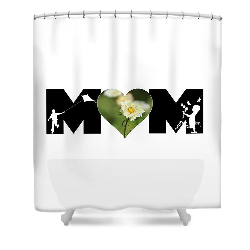Mom Shower Curtain featuring the photograph White Cosmos in Heart with Little Girl and Boy MOM Big Letter by Colleen Cornelius