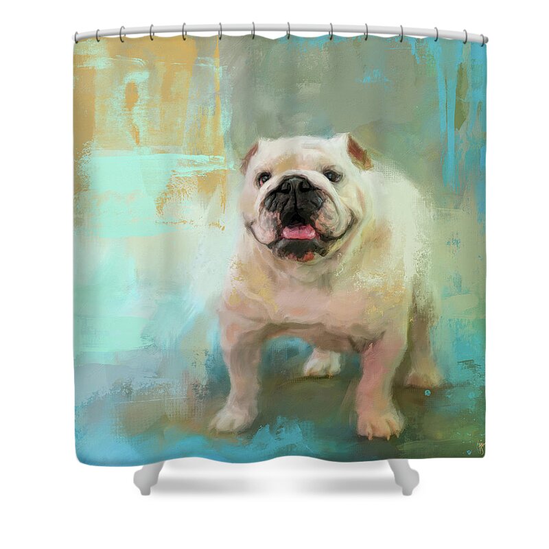 Colorful Shower Curtain featuring the painting White English Bulldog by Jai Johnson