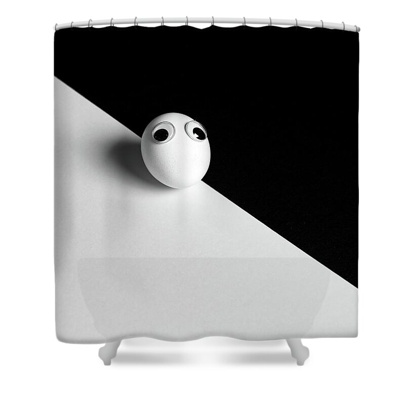 Restaurant Shower Curtain featuring the photograph White fresh egg with small cute eyes by Michalakis Ppalis