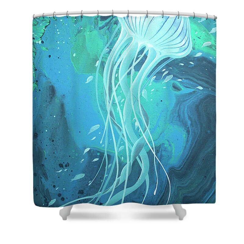 White Jellyfish On Blue - 20” X 16” Acrylic On Canvas Shower Curtain featuring the painting White Jellyfish by William Love