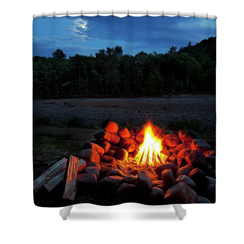 Water's Edge Shower Curtain featuring the photograph White Mountains Moonlit Campfire by Wholden