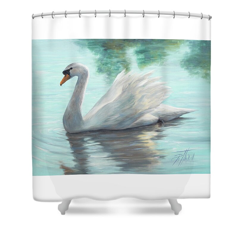 White Swan Shower Curtain featuring the painting An Elegant White Swan by Lynne Pittard