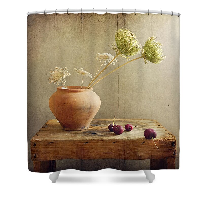 Cherry Shower Curtain featuring the photograph Wild Flowers With Cherries by Copyright Anna Nemoy(xaomena)