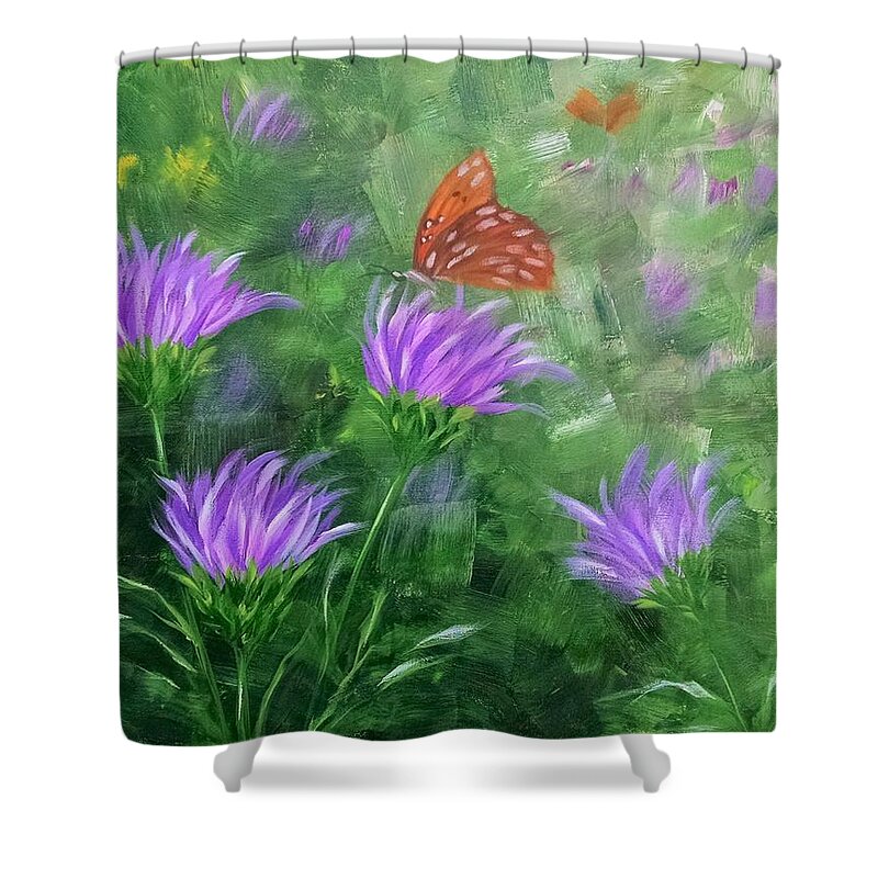 Wildflowers Shower Curtain featuring the painting Wildflowers and a Butterfly by Helian Cornwell