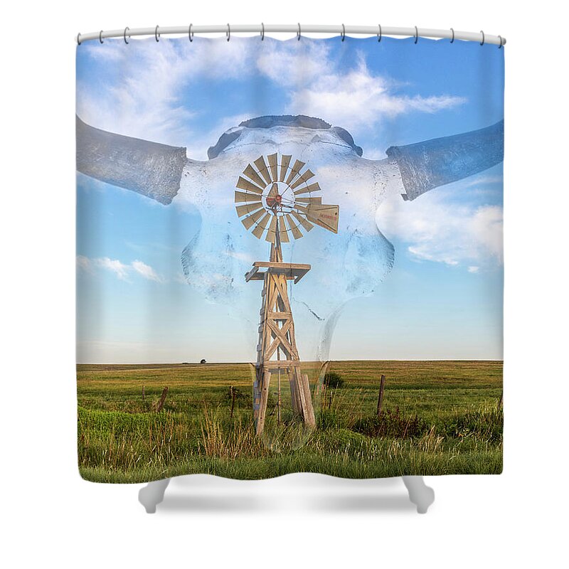Kansas Shower Curtain featuring the photograph Windmill and Bison 003 by Rob Graham
