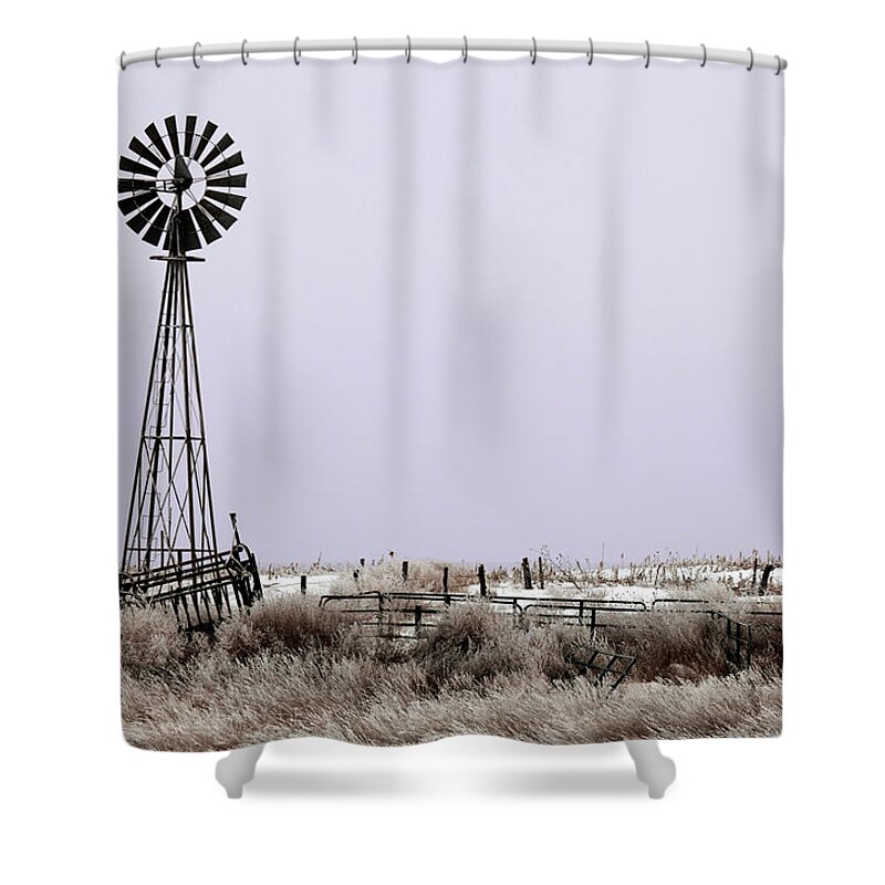 Scenics Shower Curtain featuring the photograph Windmill, Grassland, Purple Sunrise by Gacooksey