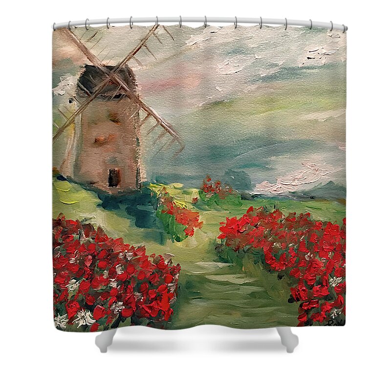 Windmill Shower Curtain featuring the painting Windmill in a Poppy Field by Roxy Rich