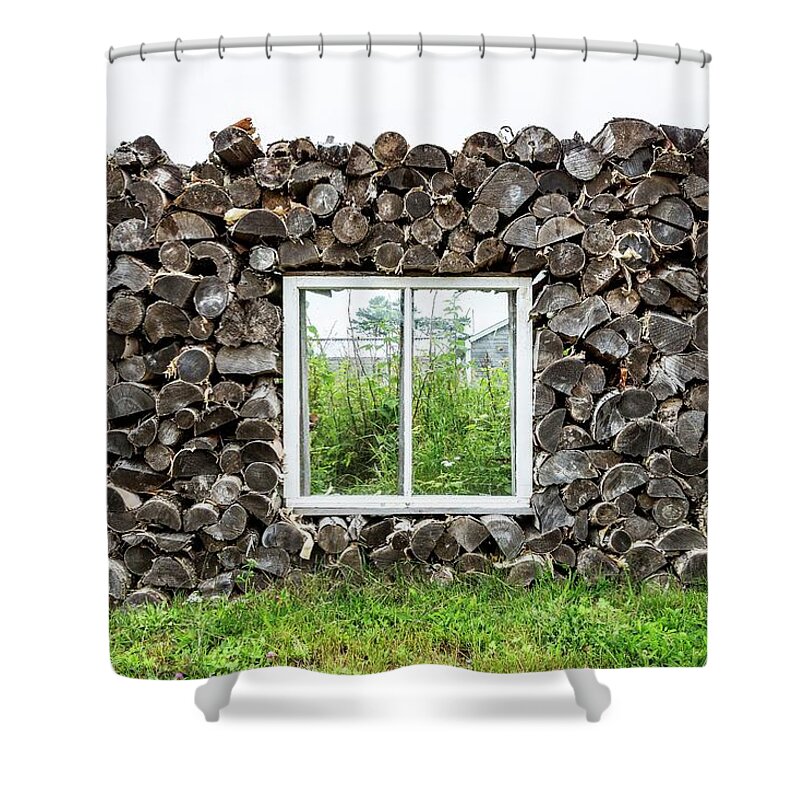 Estock Shower Curtain featuring the digital art Window Within Wall Made Of Tree Logs by Pietro Canali