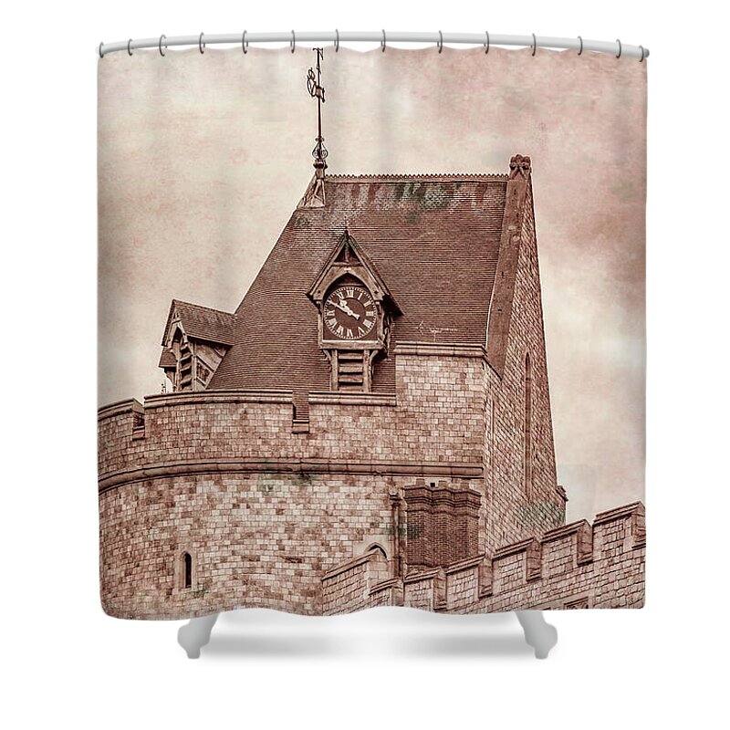 Windsor Shower Curtain featuring the photograph Windsor Castle Clock Tower, Antiqued Version by Marcy Wielfaert