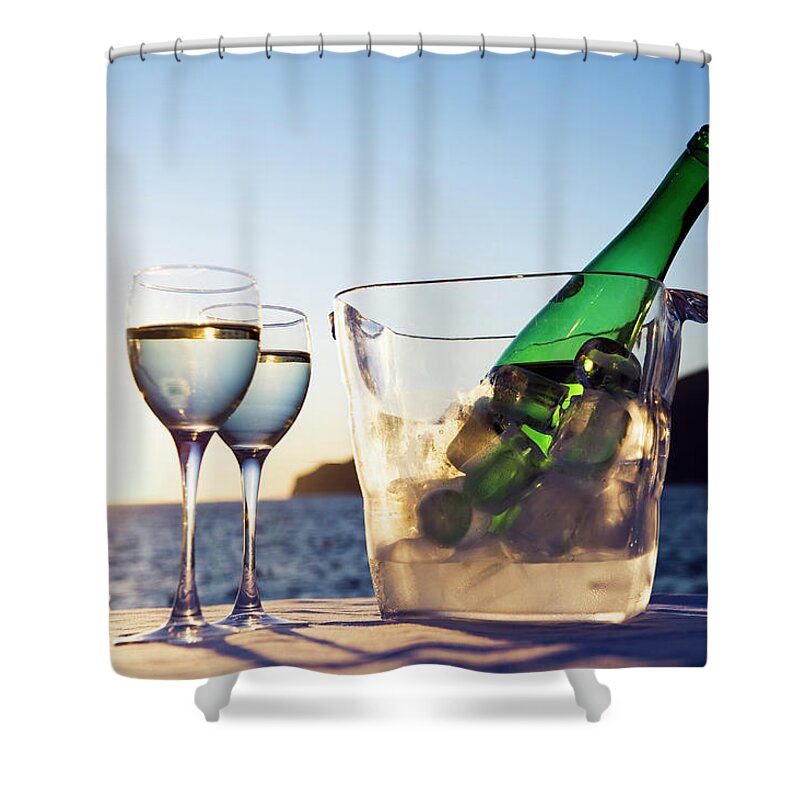 Scenics Shower Curtain featuring the photograph Wine Glasses And Bottle Outdoors by Bill Holden