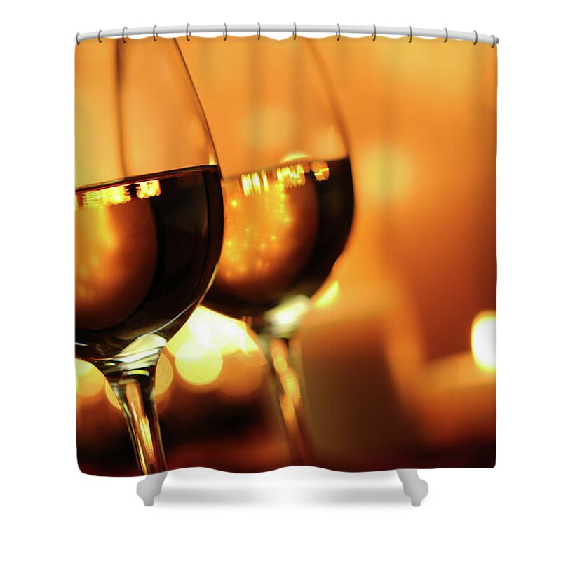 Artificial Shower Curtain featuring the photograph Wine With Candle And Christmas Lights by Moncherie