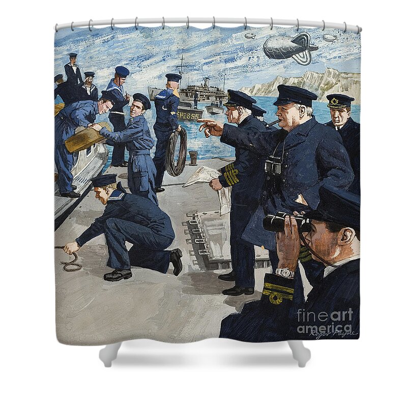Winston Shower Curtain featuring the painting Winston Churchill In Naval Scene by Roger Payne