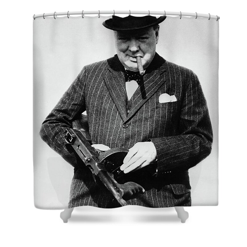Winston Churchill Shower Curtain featuring the painting Winston Churchill with Tommy Gun by English School