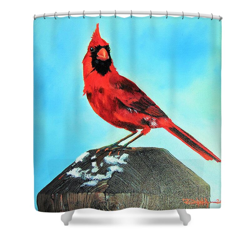 Birds Shower Curtain featuring the painting Winter Cardinal by Dana Newman