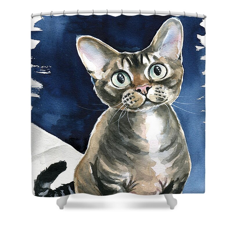 Devon Rex Shower Curtain featuring the painting Winter Devon Rex Cat Painting by Dora Hathazi Mendes