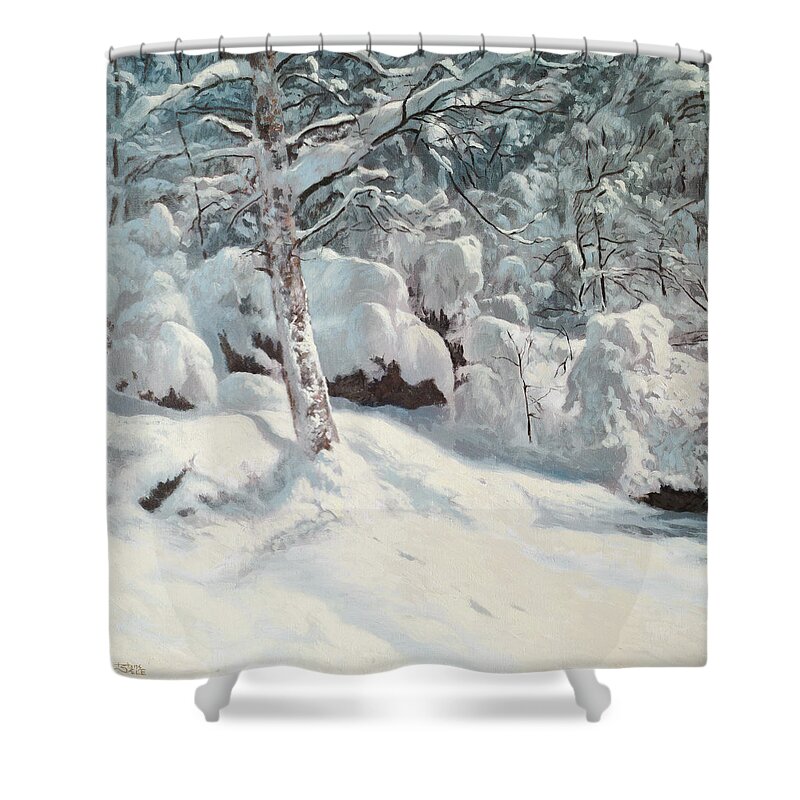 Winter Forest Shower Curtain featuring the painting Winter Forest Interior by Hans Egil Saele