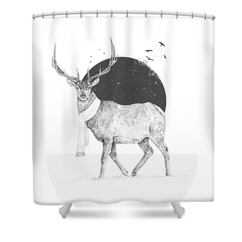 Deer Shower Curtain featuring the drawing Winter is all around by Balazs Solti