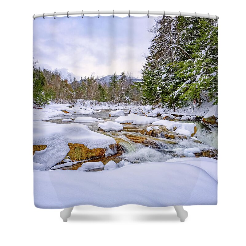 Snow Shower Curtain featuring the photograph Winter On The Swift River. by Jeff Sinon