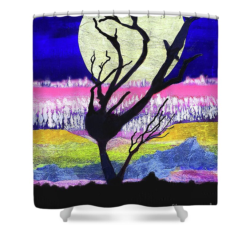 Abstract Shower Curtain featuring the mixed media Winter Ridge Line Moon Rise by Sharon Williams Eng