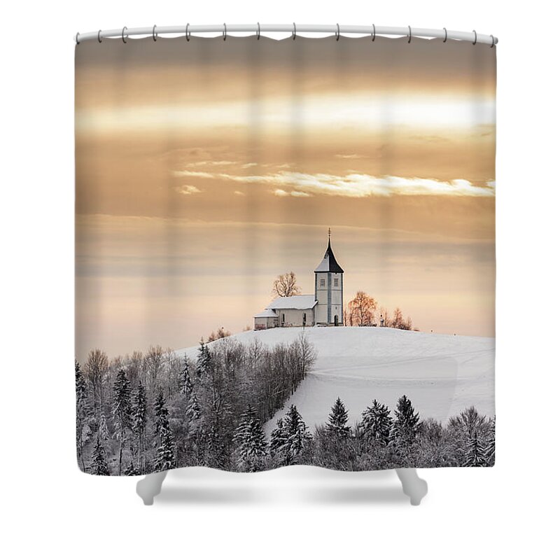 Jamnik Shower Curtain featuring the photograph Winter sunrise at Jamnik church of Saints Primus and Felician by Ian Middleton