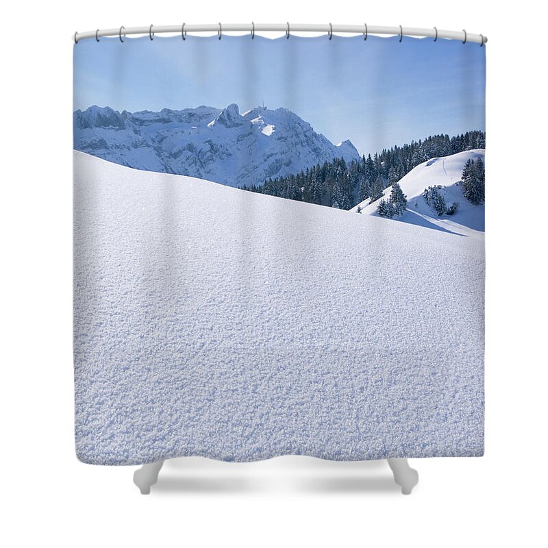 Snow Shower Curtain featuring the photograph Winter View In The Alps by Beholdingeye