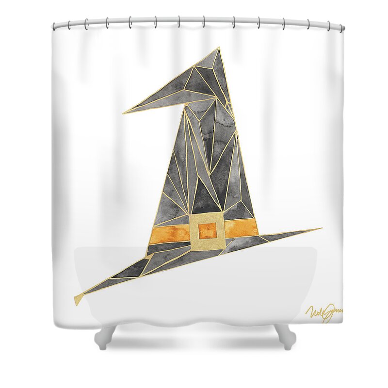 Witches Shower Curtain featuring the mixed media Witches Hat With Gold by Nola James
