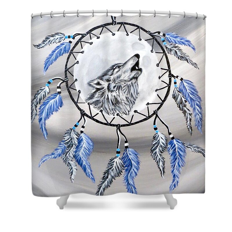 Wolf Shower Curtain featuring the painting Wolf in Moon by Teresa Wing