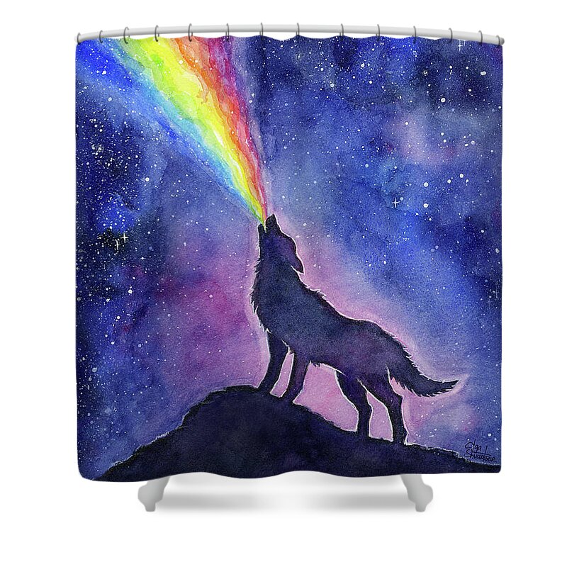 Space Shower Curtain featuring the painting Wolf Rainbow in Space by Olga Shvartsur